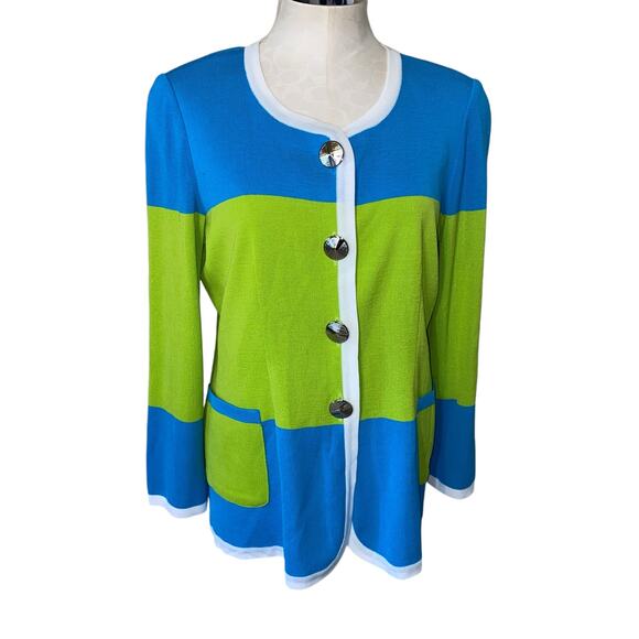 Exclusively Misook Blue Green Colorblock Long Sleeve Cardigan Sweater Size M - Picture 8 of 10